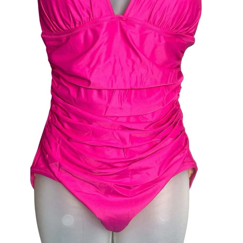J. Crew NWT Ruched V Neck One Piece Sz 10 Swimsuit Fuchsia BC116 Full Coverage‎